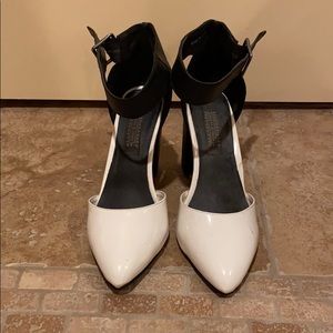 White patent strapped block heel sandal